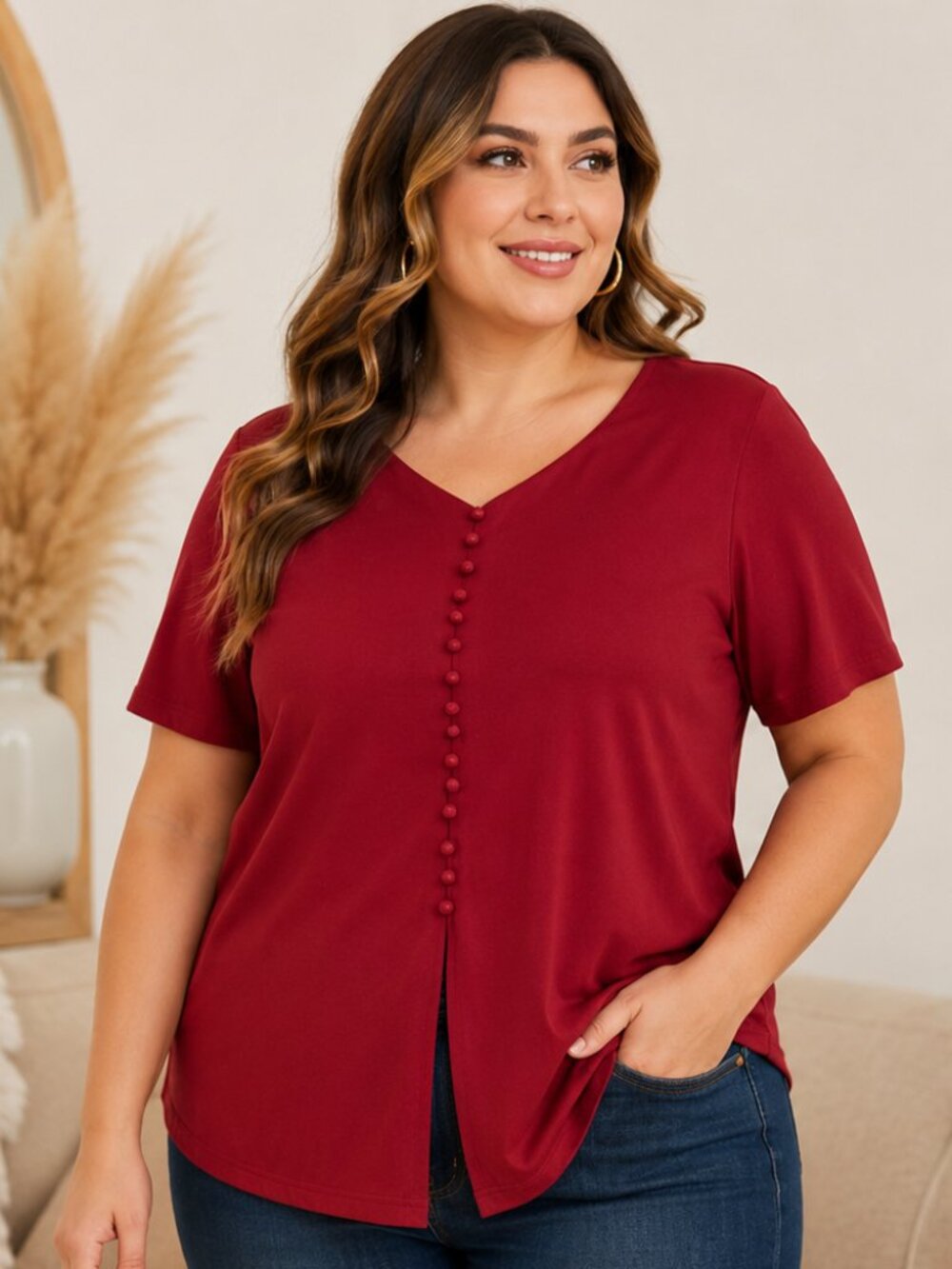 Barrie Morgan Burgundy Button Detail Top | Plus Size | Classic Everyday Blouse